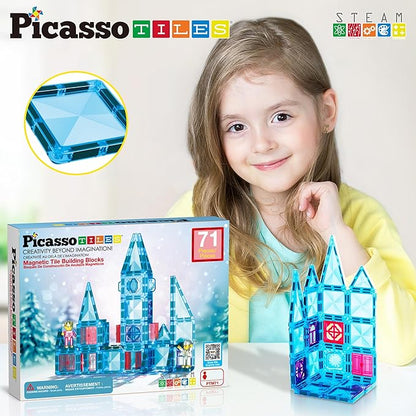 PicassoTiles 71pc Mini Diamond Series Winter Ice Theme Magnetic Tile Building Blocks 2 Character Action Figures Travel Size On-The-Go Magnet Construction Toy Set STEM Development Kit Ages 3+ PTM71