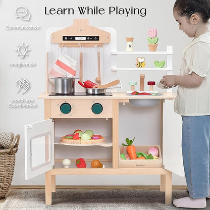 PairPear Play Kitchen for Kids, Wooden Toys Kids Kitchen Playset for Girls and Boys, Mordern Designed Toys Kitchen Gift with Play Food Kitchen Accessoires for 3Y+