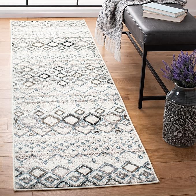 SAFAVIEH Amsterdam Collection Runner Rug - 2'3" x 8', Ivory & Grey, Moroccan Boho Design, Non-Shedding & Easy Care, Ideal for High Traffic Areas in Living Room, Bedroom (AMS108A)