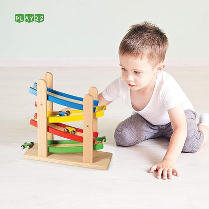 Play22 Wooden Car Ramps Race - 4 Level Toy Car Ramp Race Track Includes 4 Wooden Toy Cars - My First Baby Toys - Toddler Race Car Ramp Toy Set is A Great Gift for Boys and Girls - Original by Play22