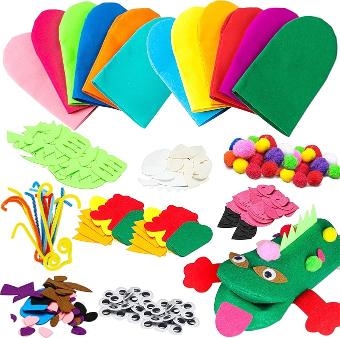 WATINC 12Pcs Hand Puppet Making Kit for Kids Art Craft Felt Sock Puppet Toys Creative DIY Make Your Own Puppets Pompoms Storytelling Role Play Party Supplies Christmas Gift for Girls Boys