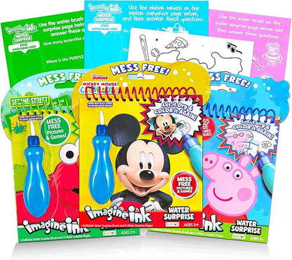 Imagine Ink Water Painting Books Set for Toddlers Kids Ages 3-5 ~ 3 Pack No Mess Paint with Water Books with Water Surprise Brushes, Mickey Mouse, Peppa Pig, Sesame Street Elmo Bundle