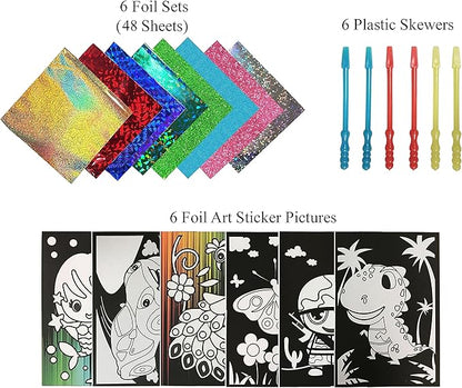 VHALE Foil Art Craft Kit 6 Pack Sticker Picture (9.5 x 6.5 inch), 48 Foil Sheets and 6 Skewers, Peel and Paste Sparkly Foil Art, Classroom Arts and Crafts, Great Travel Toys, Kids Party Favors