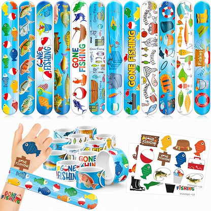 48PCS Gone Fishing Party Favors - 24PCS Tattoos & 24PCS Slap Bracelets - Fishing-Themed Birthday Supplies, Decorations, Classroom Prizes, Carnival Rewards, Gifts for Boys & Girls