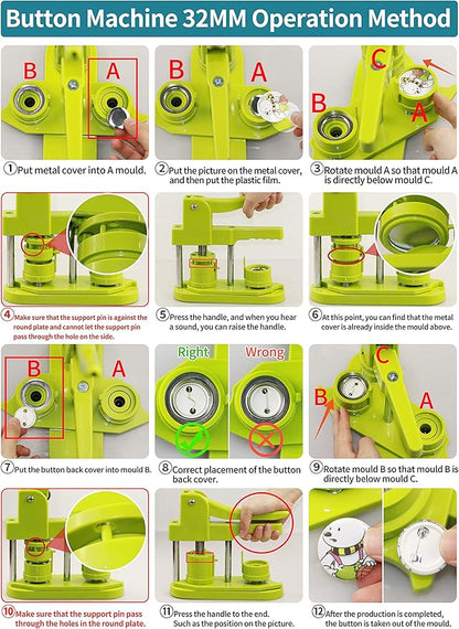Button Maker Machine, (3rd Gen) Installation-Free 32mm(1.25 in) DIY Pin Button Maker Press Machine Kit, Badge Punch Press Machine with Free 500pcs Button Parts&Pictures&Circle Cutter