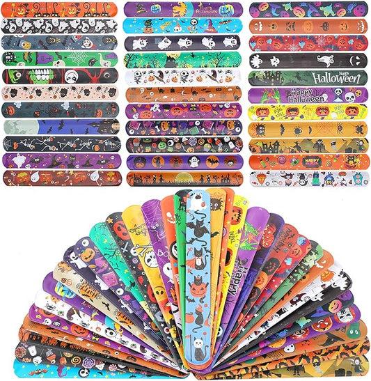 120 Pcs Friendship Bracelets Halloween Slap Bracelets Party Favors for Kids - 60 Different Design Bracelets Halloween Party Supplies and Decorations Snap Bracelets with Halloween Classies Pattern