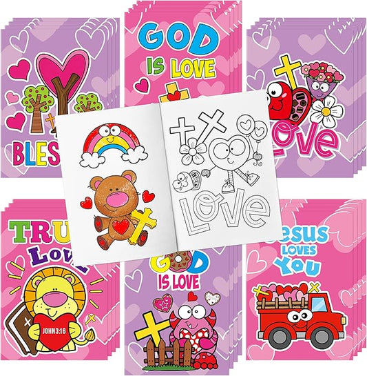 Valentine’s Day Coloring Books for Kids - 24Pcs Bulk Christian Theme Mini Coloring Booklet DIY Art Drawing Book for Toddlers Valentine Birthday Party Goodie Bags Stuffers Sunday School Classroom Favor