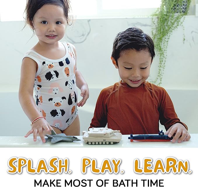 SplashEZ Bath Toys for Kids Ages 4-8, Kids Bath Toys for Boys, Mold Free No Hole Sealed, Soft Durable Army Play Set Submarine Tank Airplane Jet, No Mold for Water Tub & Pool, Ages 0-1-3-4-5-6-8