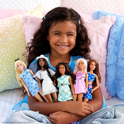 Barbie Fashionistas Doll #237 with Wavy Blonde Ponytail Wearing Blue Bow Halter Dress, Black Hair Bow Accessory and Matching Blue Heels
