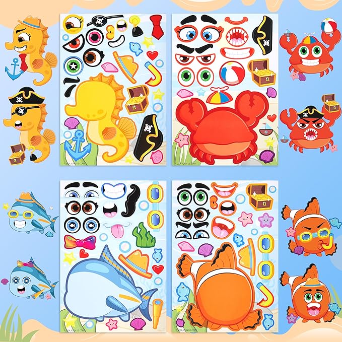 JOYIN 36 Pcs 9"x6" Sea Animals Make a face Stickers for Kids, Make Your Own Ocean Animals Sticker Sheets, Party Favors Kids Crafts, Goodie Bags Stuffers, Classroom Rewards