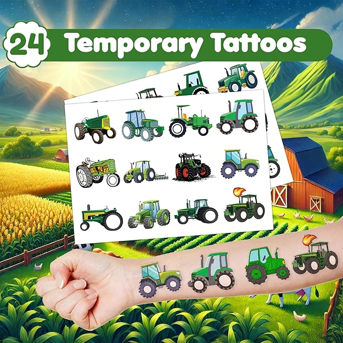 48PCS Tractor Party Favors - 24PCS Tattoos & 24PCS Slap Bracelets - Farm-Themed Birthday Supplies, Green Tractor Decorations, Classroom Prizes, Gifts for Boys & Girls