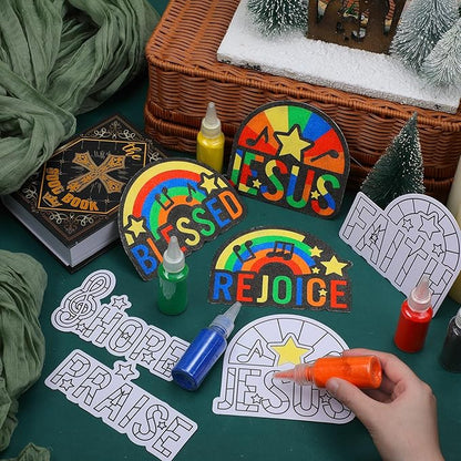 24 Sets Religious Sand Art Craft Kit for Kids Inspirational Words Painting Kit with Colored Sand Make Your Own Crafts Art DIY Art Project for Sunday School Vbs Home Fun Activities