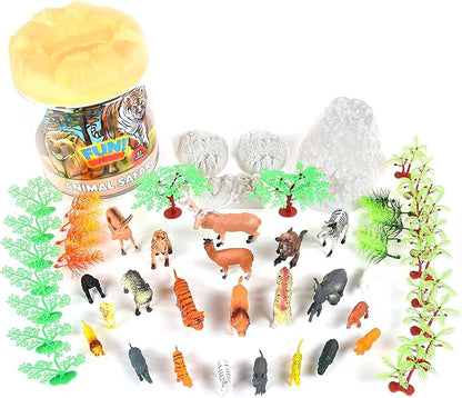 Sunny Days Entertainment Wild Animal Adventure Safari Bucket – 57 Piece Toy Play Set for Kids | Plastic Jungle Figures Playset with Storage Container