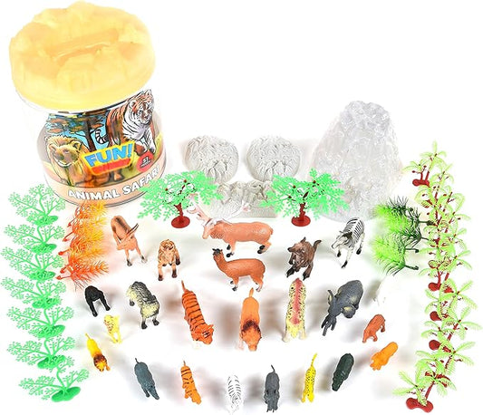 Sunny Days Entertainment Wild Animal Adventure Safari Bucket – 57 Piece Toy Play Set for Kids | Plastic Jungle Figures Playset with Storage Container
