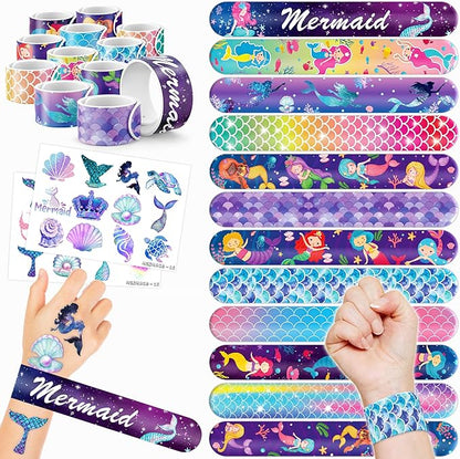 48PCS Mermaid Party Favors - 24PCS Tattoos & 24PCS Slap Bracelets - Undersea Birthday Supplies, Mermaid-Themed Decorations, Classroom Prizes, Gifts for Girls & Boys