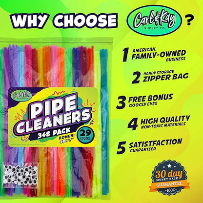 348 Pipe Cleaners Plus 48 Googly Eyes - Colored Chenille Stems for Kids Craft - Fuzzy Stems in 29 Colors
