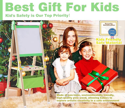 2-in-1 Double Sided Kid's Easel, Height-Adjustable Art Easel for Boys and Girls Ages 3-10, Including 100+ Accessories with Magnetic Chalkboard & Painting Board, Toddler Gifts (Light Green)