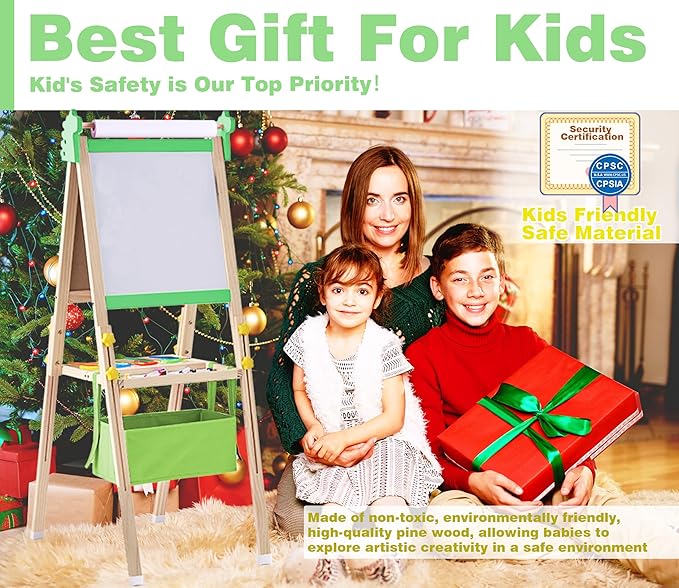 2-in-1 Double Sided Kid's Easel, Height-Adjustable Art Easel for Boys and Girls Ages 3-10, Including 100+ Accessories with Magnetic Chalkboard & Painting Board, Toddler Gifts (Light Green)