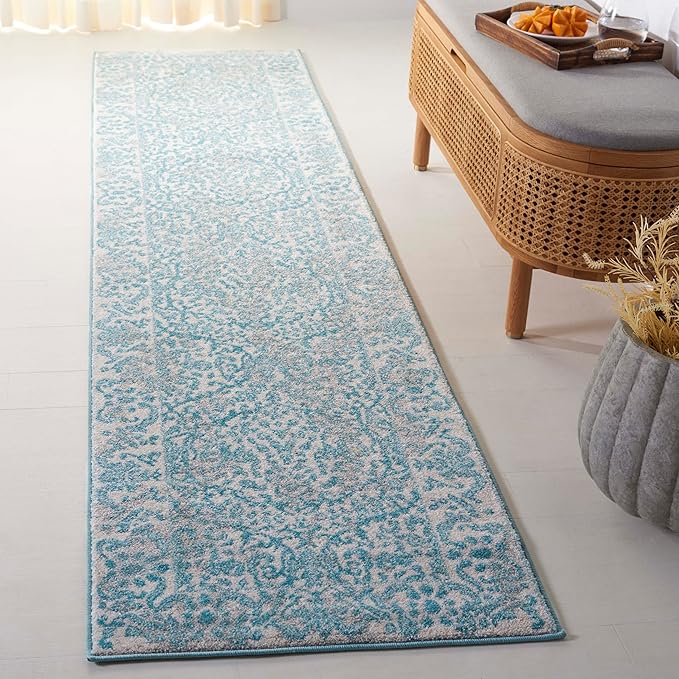 SAFAVIEH Evoke Collection 2'2" x 9' Ivory / Light Blue EVK242C Non-Shedding Living Room Entryway Foyer Hallway Bedroom Runner Rug