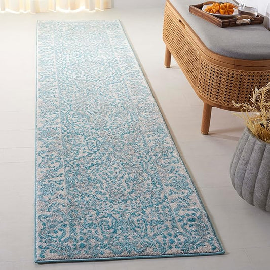 SAFAVIEH Evoke Collection 2'2" x 9' Ivory / Light Blue EVK242C Non-Shedding Living Room Entryway Foyer Hallway Bedroom Runner Rug
