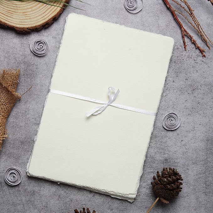 LEATHER VILLAGE Watercolor Paper - Off White - 9.5 X 12 inches, 50 Sheets - Mixed Media Watercolor Paper - 150 GSM Thick Deckle Edge Virgin Cotton Handmade Paper - Off White