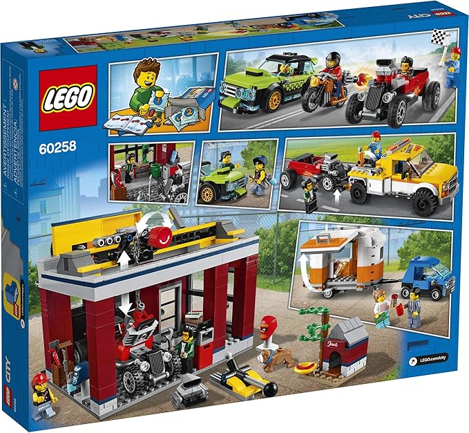 LEGO City Tuning Workshop 60258, Features a Toy Garage, Car Shop, Camping Trailer, Motorcycle, Crane and Tow Truck in One Fun Playset, Makes a Great Gift for Kids