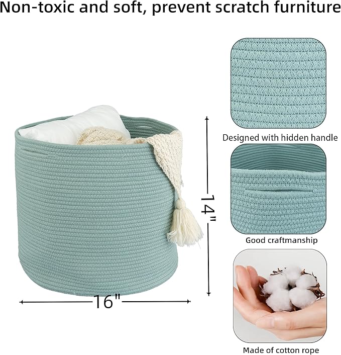 XUANGUO Cotton Rope Basket For Girls Boys Kids 16”X14” Baby Laundry Baskets Nursery Bin Round Woven Basket Organizer For Storage Toys Blankets Shoes Clothes green