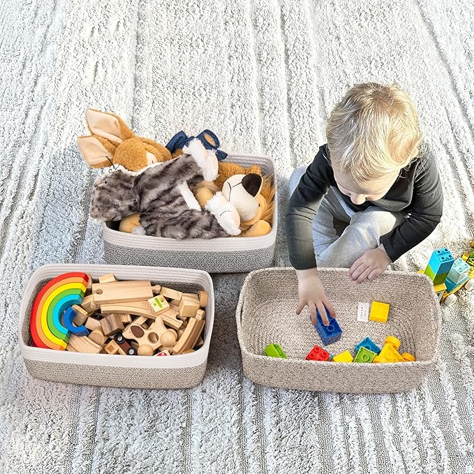 Goodpick Baskets for Shelves, Storage Basket for Organizing, Storage Bins, Toy Box, Wicker Basket for Organization 3 Pack, White & Light Gray, 13 x 8 x5 in