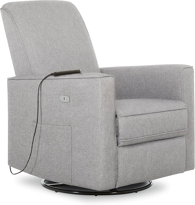 Evolur Harlow Deluxe Upholstered Plush Seating Glide Rocker, Swivel, Power Recliner USB Port with in-Built Massager, Greenguard Gold Certified, Glider Chair for Nursery in Light Grey