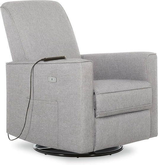 Evolur Harlow Deluxe Upholstered Plush Seating Glide Rocker, Swivel, Power Recliner USB Port with in-Built Massager, Greenguard Gold Certified, Glider Chair for Nursery in Light Grey