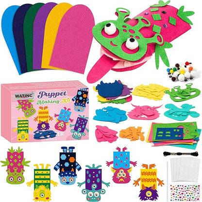 WATINC 6Pcs Hand Puppet Making Kit, Art Craft Felt Sock Puppet Toys, Creative DIY Make Your Own Pompoms Wiggle Googly Eyes Storytelling Role Play Party Supplies Gift for Girls Boys(Monster B)