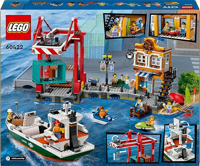 LEGO City Seaport with Goods Ship, Construction Toy Boat, Boys and Girls 8 Years and Older, Container Crane, Fishing Rod and Walkie Talkie 60422