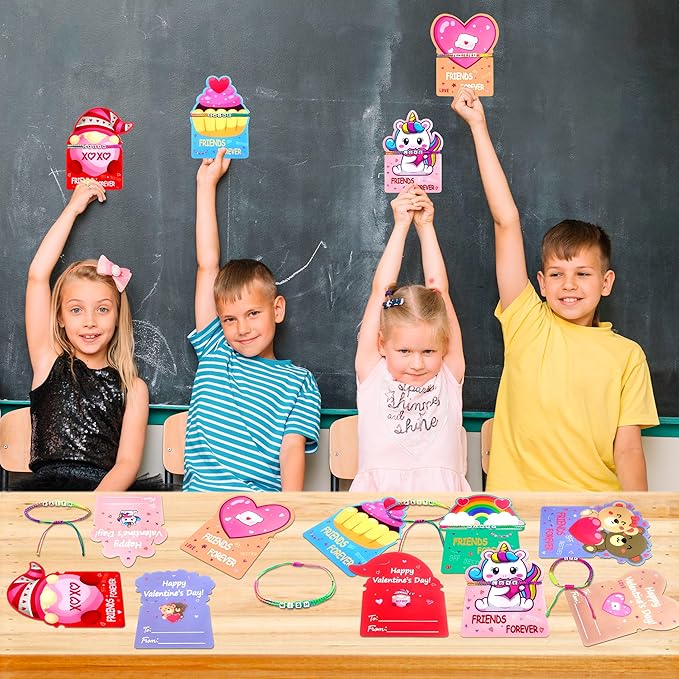 LINAYE Valentines Day Cards for Kids Classroom, 24 Pack Valentines Gift Cards with Friendship Bead Bracelets, Valentines Gift Exchange for Boys Girls, Valentines Party Favors Supplies for Kids