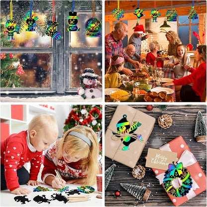 Christmas Scratch Crafts Art for Kids, 48 Pieces Rainbow Christmas Scratch Paper Art with Wooden Sticks, Christmas Ornaments for Kids Party Favors Supplies