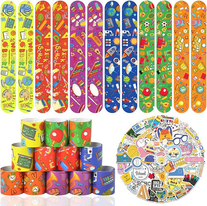 48 Pcs Back to School Slap Bracelets and 50 Pcs Party Stickers with Student Study Theme Slap Bracelets Wristbands for First Day of School Decorations, Classroom Rewards, Kid Birthday Gifts