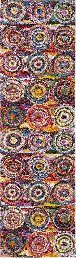 SAFAVIEH Fiesta Shag Collection 2'3" x 10' Multi FSG359M Modern Circles Abstract Non-Shedding Living Room Bedroom Dining Room Entryway Kids Runner Rug