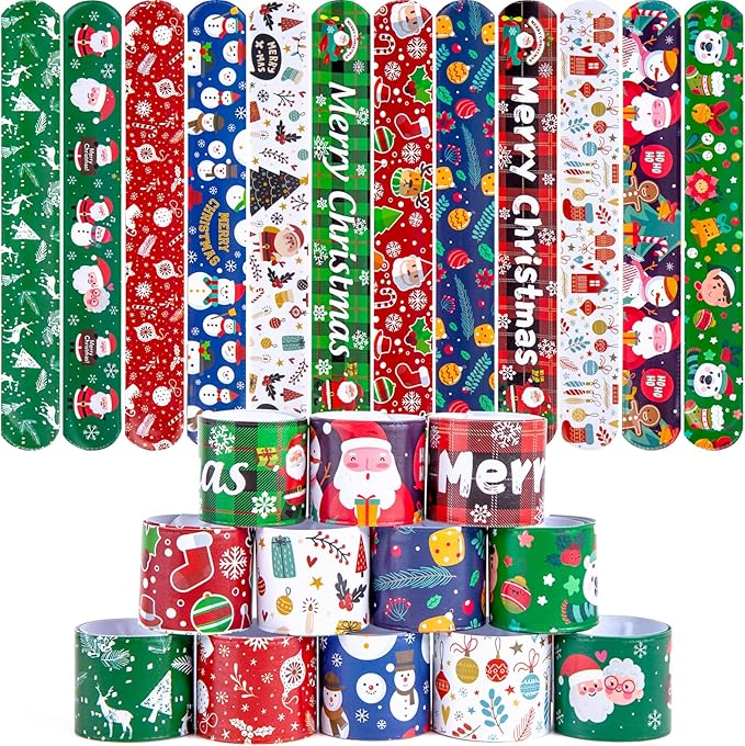 MCPINKY Christmas Slap Bracelets, 48PCS Slap Wristbands Bulk 12 Different Christmas Styles Snap Wristbands for Boys Girls Christmas Party Favors