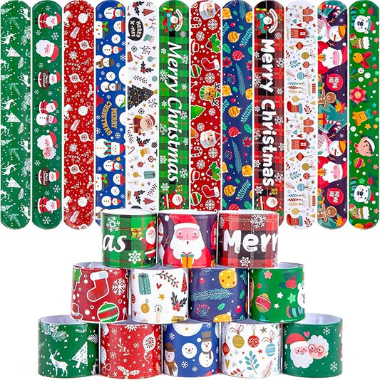 MCPINKY Christmas Slap Bracelets, 48PCS Slap Wristbands Bulk 12 Different Christmas Styles Snap Wristbands for Boys Girls Christmas Party Favors