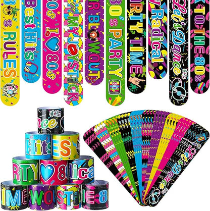Civaner 40 Pcs 80s 90s Party Favors Slap Bracelets 80s Wristbands Bracelets for Kids Retro Birthday Party Supplies Cute Cassette Tape for 1980s 80s Neon Throwback Adults Birthday Party Supplies