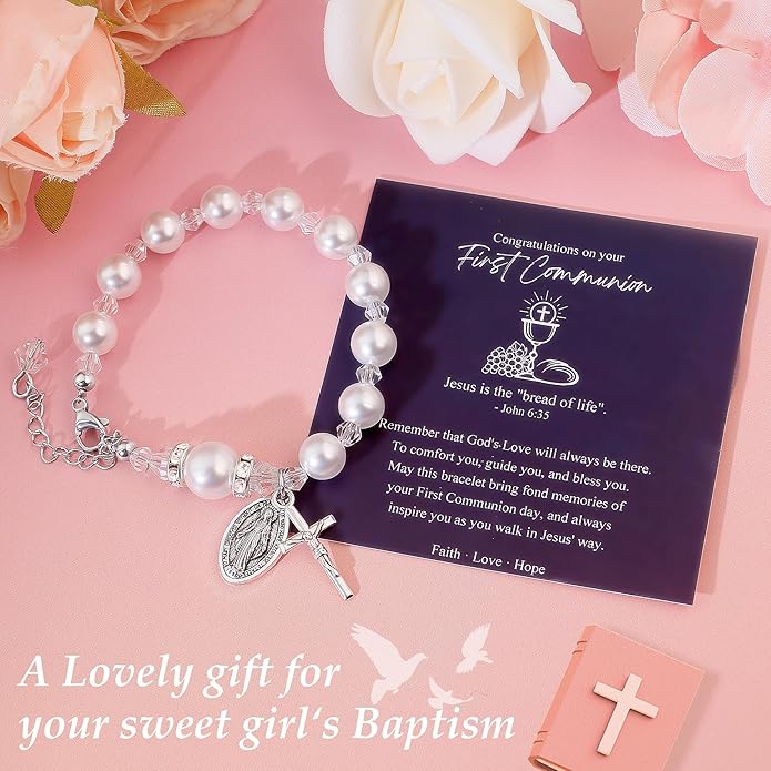 PEALICIOUS First Communion Gifts for Girls Boys, Cute Cross Bracelet as 1st Communion Favors Holy Religious Jewelry Christian Catholic Gifts for Son Daughter Niece, Easter Basket Stuffers for Teen