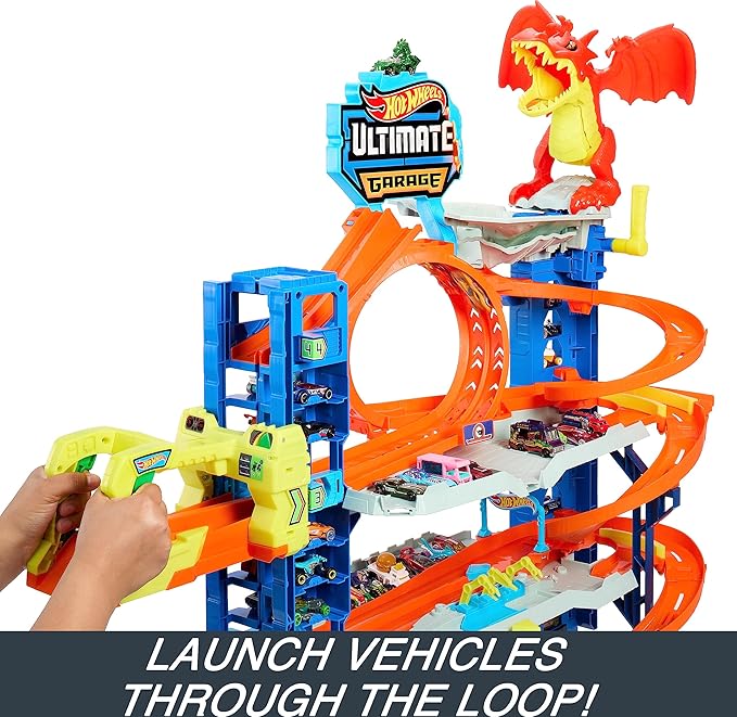 Hot Wheels City Ultimate Garage Track Set with 2 Die-Cast Toy Cars & Car-Eating Dragon, Stores 50+ Vehicles, 4 Levels