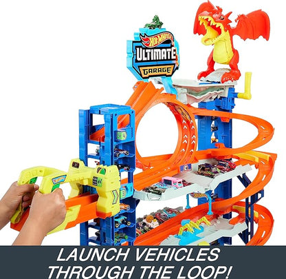 Hot Wheels City Ultimate Garage Track Set with 2 Die-Cast Toy Cars & Car-Eating Dragon, Stores 50+ Vehicles, 4 Levels