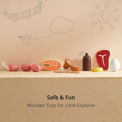 PairPear Wooden Toys Play Food Sets for Kids Kitchen, Kids Toy Food Cutting Meat Set for Toddlers 3+ Years Old, Pretend Food Play Kitchen Accessories for Girls and Boys