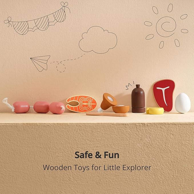 PairPear Wooden Toys Play Food Sets for Kids Kitchen, Kids Toy Food Cutting Meat Set for Toddlers 3+ Years Old, Pretend Food Play Kitchen Accessories for Girls and Boys