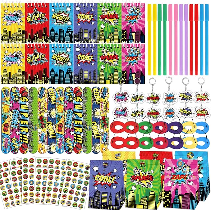 84pcs Hero Themed Super Party Favors with Colorful Paper Gift Bag Notepad Pen Slap Bracelet Key Chain Eye Mask Sticker Comic Hero Themed Party Supplies for Boy Girl Birthday Classroom Games Activities
