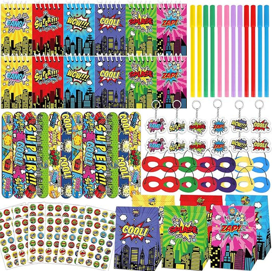 84pcs Hero Themed Super Party Favors with Colorful Paper Gift Bag Notepad Pen Slap Bracelet Key Chain Eye Mask Sticker Comic Hero Themed Party Supplies for Boy Girl Birthday Classroom Games Activities