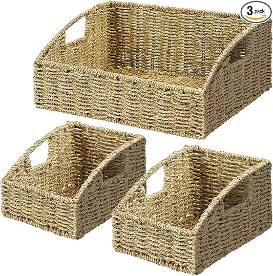 Ollieroo Rattan Storage Baskets, Handwoven Wicker Storage Bins with Built-in Handles, Storage Container Baskets for Shelves, Bedroom, Bathroom, Laundry Room or Kitchen(Green)