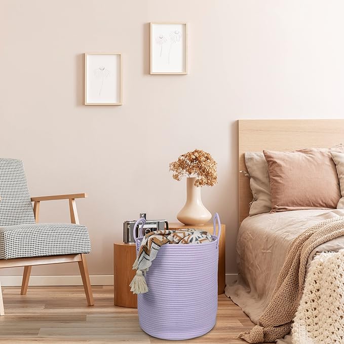 XUANGUO Rope Laundry Basket Hamper for Clothes Woven Storage Basket for Living Room Bedroom Boho Tall Rope Baskets for Blanket Toys Pillow Towels Baby Nursery Hamper Bin Large purple or lavender