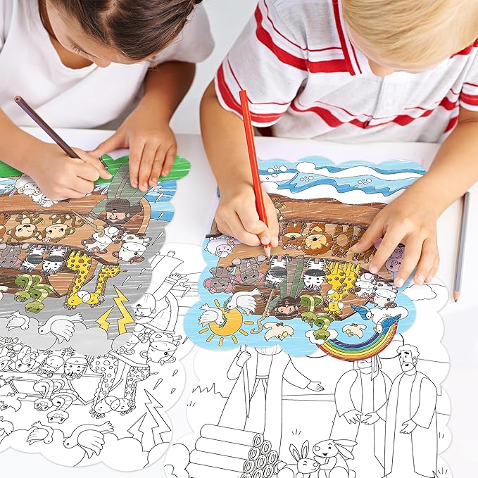 Dvbonike 24Pcs Sunday School Craft for Kids Color Your Own Noah Ark Card 4 Styles Religious Christian Coloring Cards with Biblical Scene Animal Drawing Party Gift VBS Home Classroom Decor Supplies