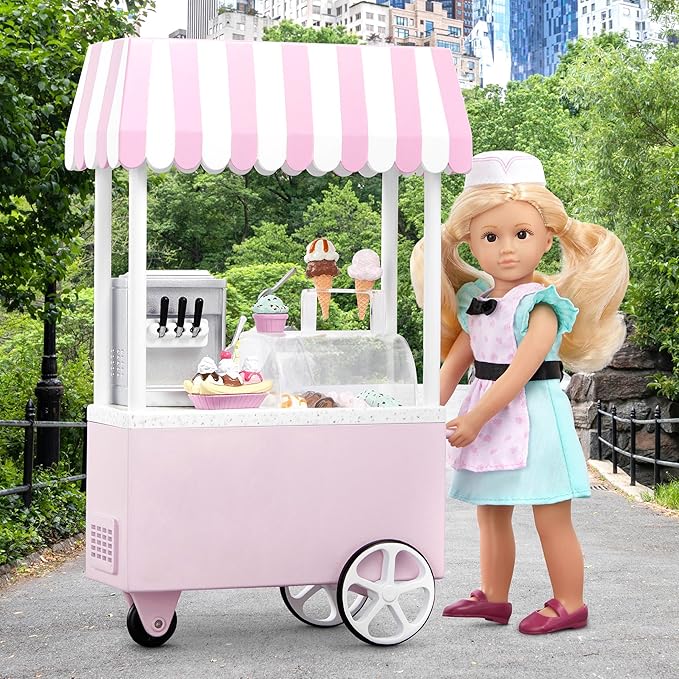 Lori – Mini Doll & Ice Cream Cart – Clothes & Ice Cream Accessories for 6-inch Dolls – Ice Cream Scoops, Cones, Soft Serve, Popsicles – Toys for Kids – 3 Years + – Evelina's Ice Cream Cart